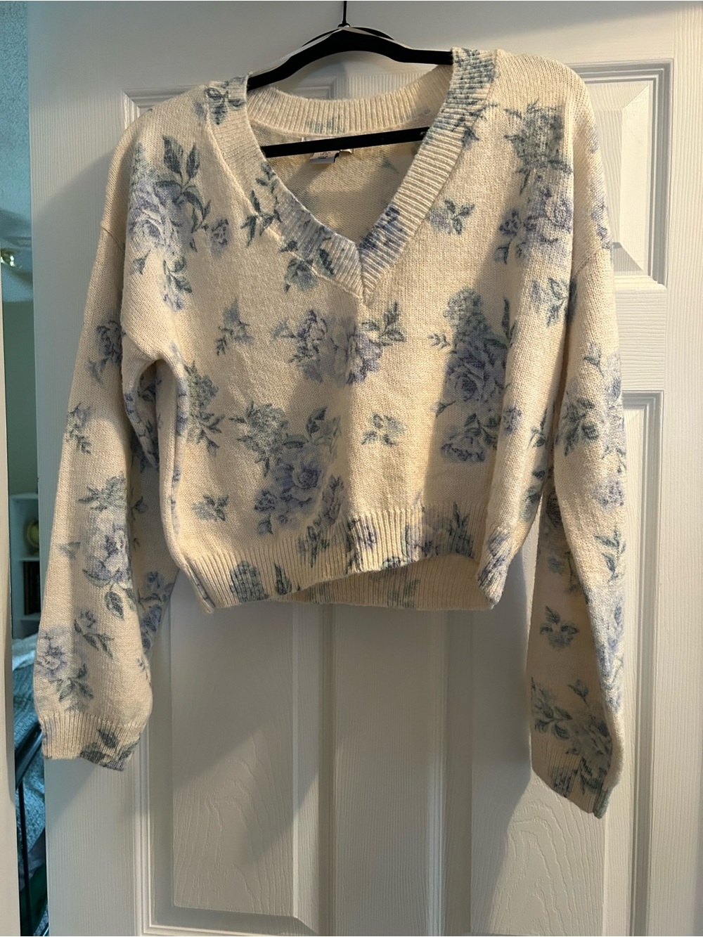 Sincerely Jules Cream V-Neck Sweater with Blue Floral Print